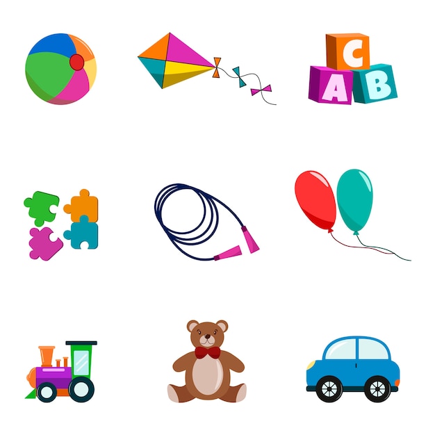 Set of children's toys on the white background.