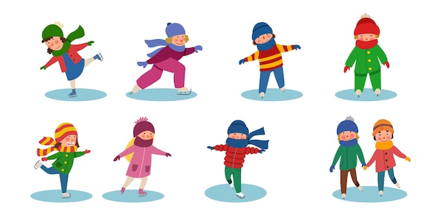 A set of Children skating on ice. Winter sports. Vector illustration in a flat style.