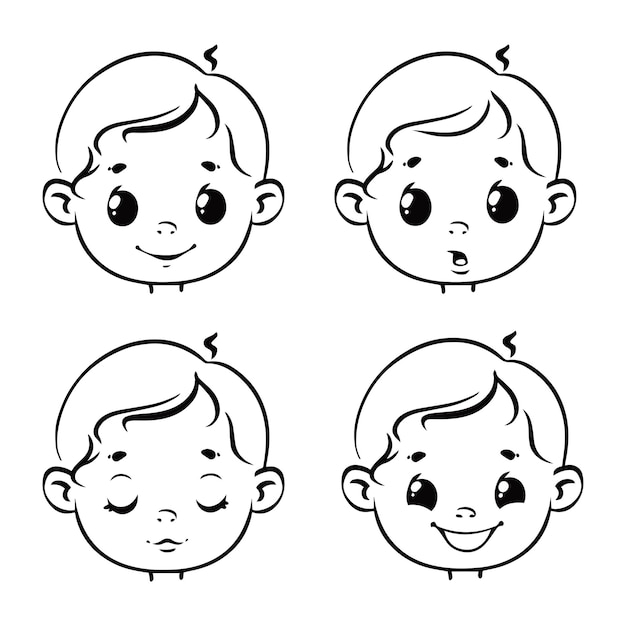 A set of childrens faces with different emotions Boy character black line Vector illustration