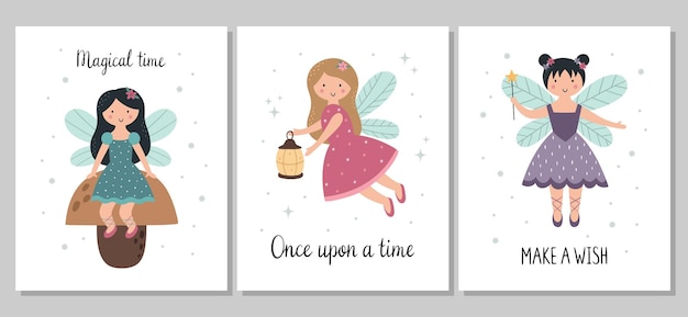 A set of childrens posters A cute little fairy with wings and a magic wand