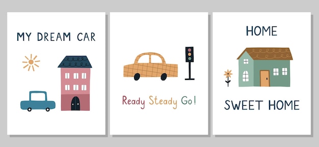 A set of childrens posters with cute cars and houses