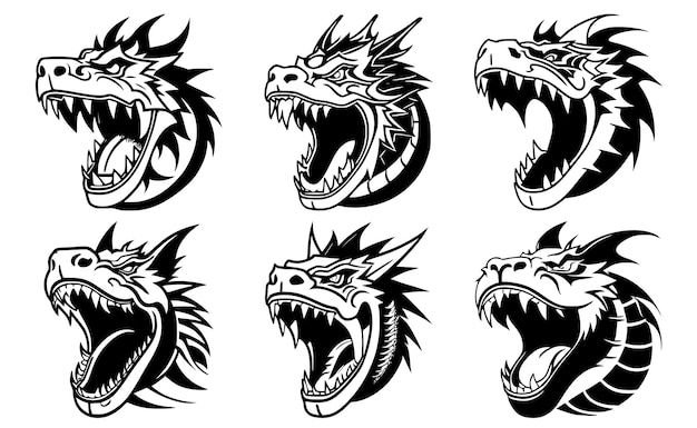 Set of China dragon heads with open mouth and bared fangs with different angry expressions of the muzzle Symbols for tattoo emblem or logo isolated on a white background