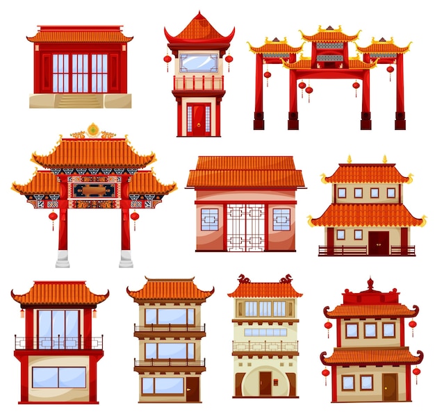 set of Chinese buildings isolated on white