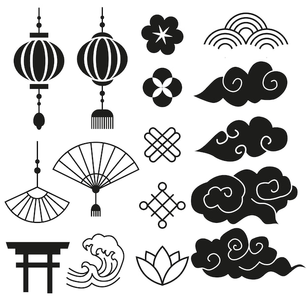 Set of Chinese design elements. Vector decorative collection of lanterns, flowers, clouds.