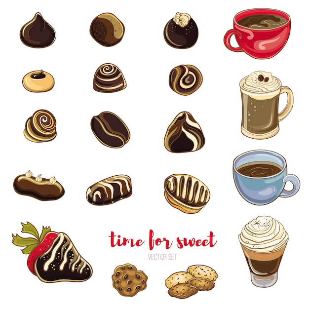 Set of chocolate candies, coffee and cookies. Bright vector illustration of sweets. Isolated objects. Time for coffee with candy.