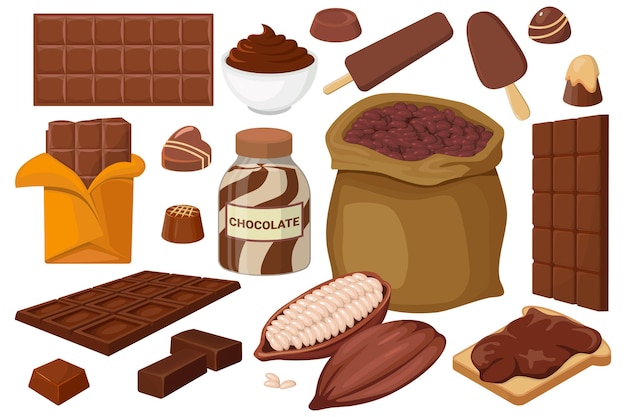 A set of chocolate productsA bag of cocoa beans chocolate paste candies