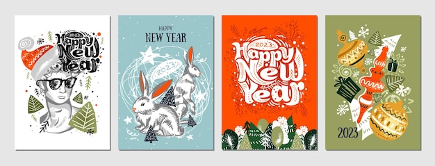 Set of Christmas cards Handdrawn Lettering abstraction happy New year statue Santa Claus art