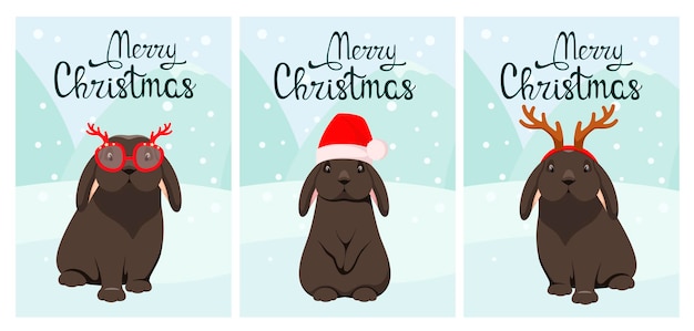 A set of Christmas cards with black rabbits. Cartoon design.