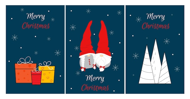 Set of Christmas cards with cute Scandinavian gnomes Flat cartoon style gnome characters Vector illustration