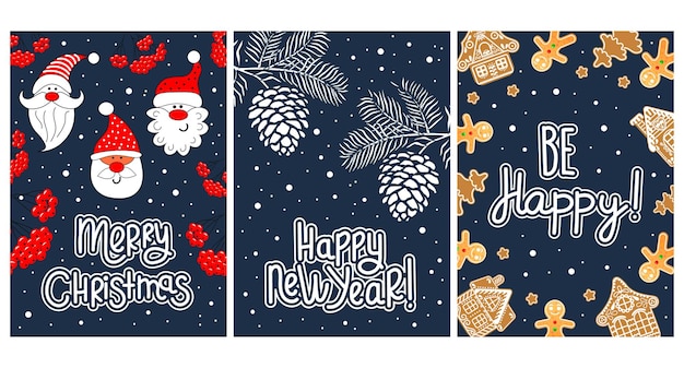 A set of Christmas cards with lettering, decorated with Santa Claus, gingerbread houses, cones