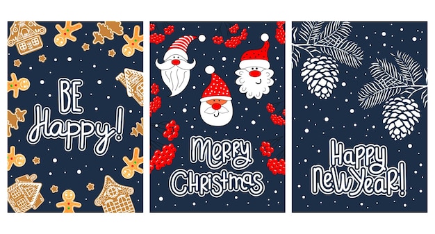 Set of Christmas cards with lettering. decorated with Santa Clauses, gingerbread houses, cones