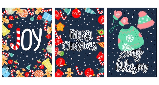 Set of Christmas cards with lettering. decorated with toys, Christmas candies, gifts and snowflakes.