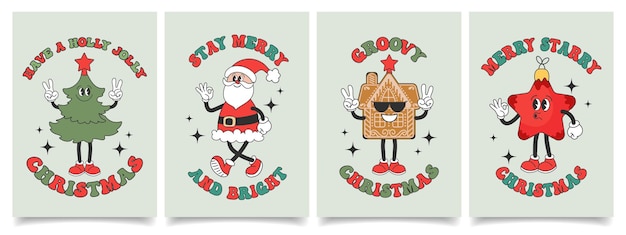 Set of Christmas cards with retro Groovy hippie characters Santa Claus Christmas tree gingerbread