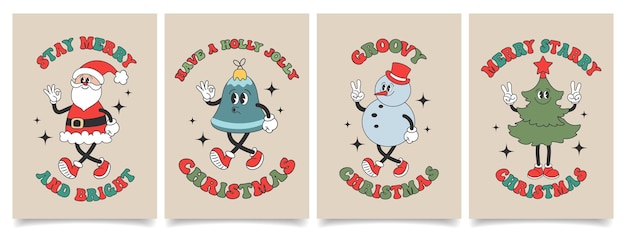 Set of Christmas cards with retro Groovy hippie characters Snowman Santa Claus Christmas tree