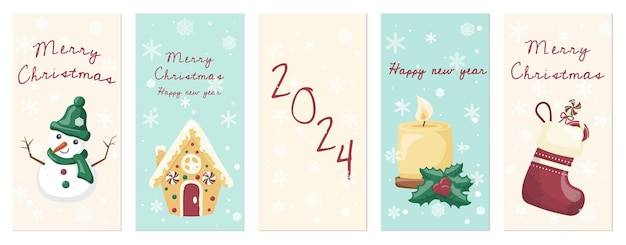 A set of Christmas cards with a snowman a candle and other Christmas elements