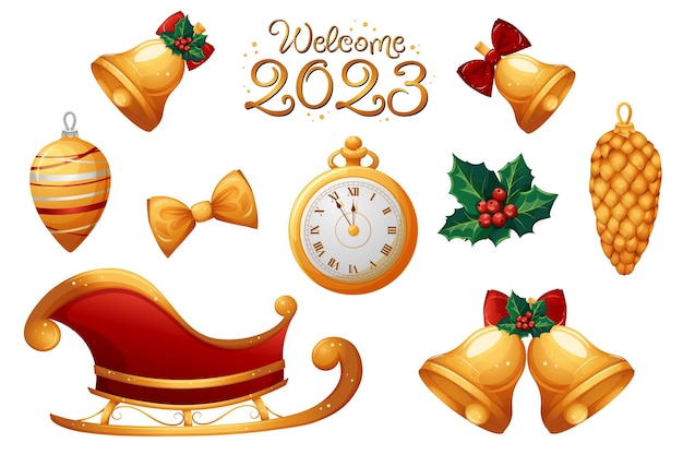 Set of Christmas cartoon items in gold Sleigh Christmas tree toys clock welcome 2023 inscription