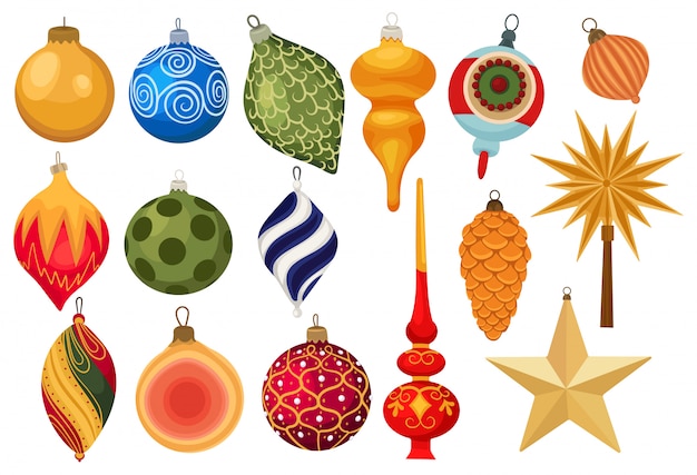 Set of Christmas decorations. Collection of colored Christmas tree toys.