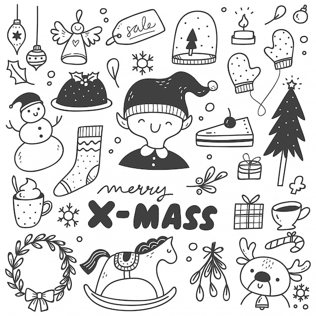 Set of Christmas design element in doodle style