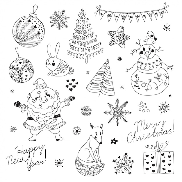 A set of Christmas elements for design. Santa Claus, snowman, Christmas tree, hare, fox, snowflakes and stars