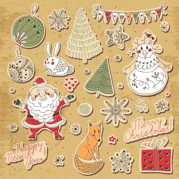 A set of Christmas elements for design. Santa Claus, snowman, Christmas tree, hare, fox, snowflakes and stars