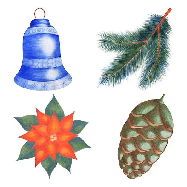 Set of christmas elements drawn by colored pencil