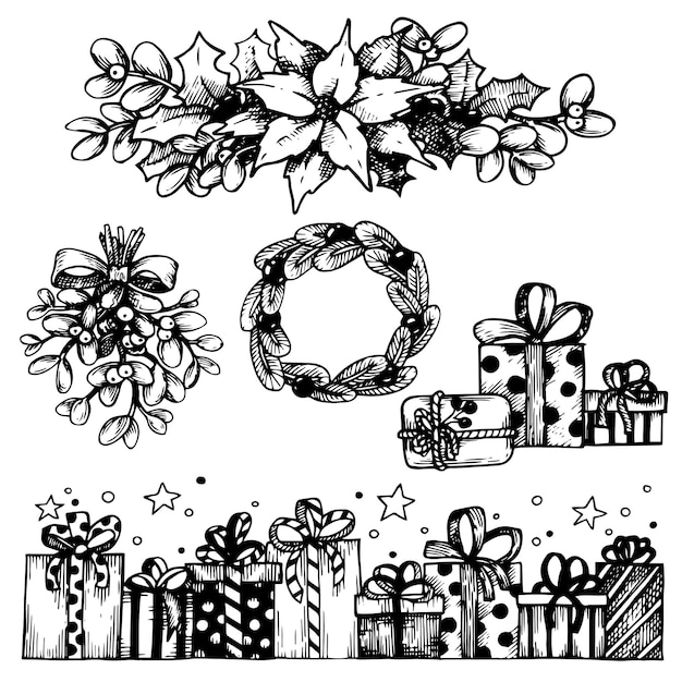 set of Christmas elements vintage illustration in sketch style gifts mistletoe bouquet wreath