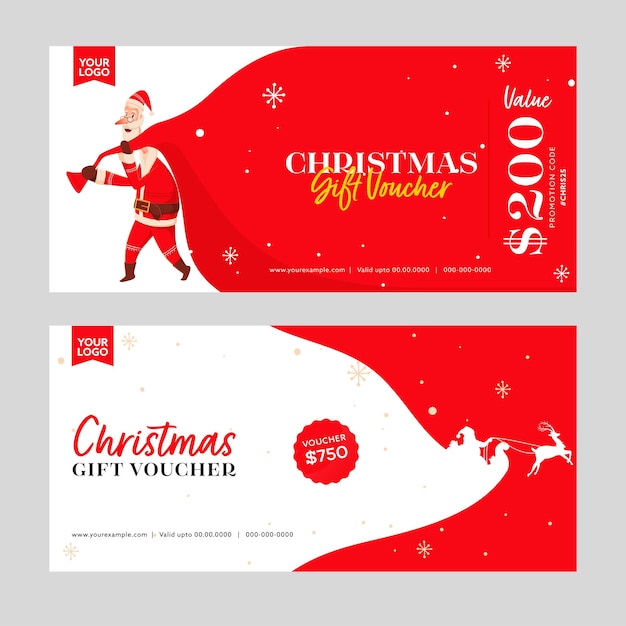 Set Of Christmas Gift Voucher Banner Layout With Santa Claus In Red And White Color.