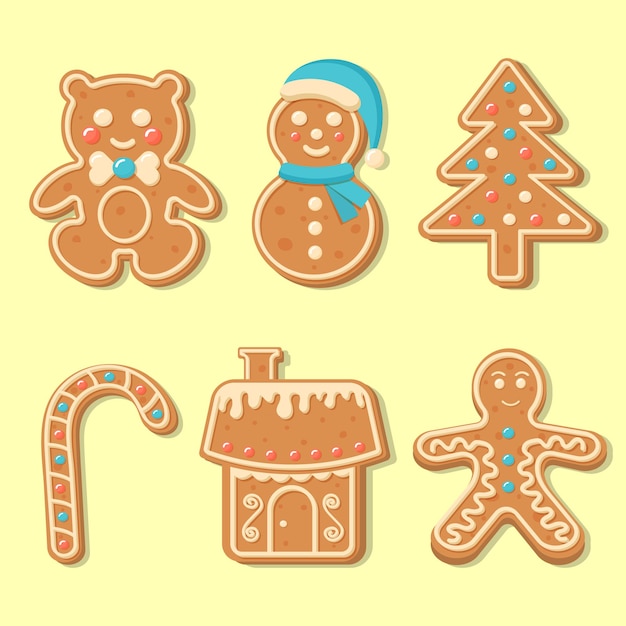 Set of Christmas gingerbread. Chrismas candy, bear, snowman, gingerbread man, new year tree, house. Merry Christmas and Happy New Year figures cover by icing-sugar.