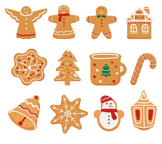 Set Of Christmas Gingerbread Cookies In Different Shapes.