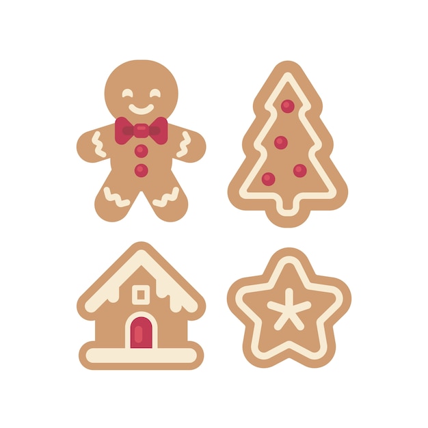 Set of Christmas gingerbread icons. Man, house, tree and star flat illustration. Fun holiday food