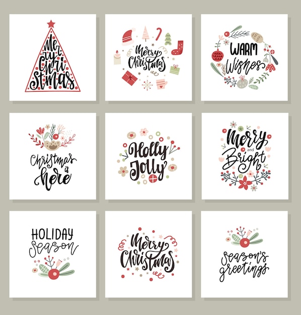 Set of Christmas Greeting Cards with lettering quotes and ornaments Vector illustration