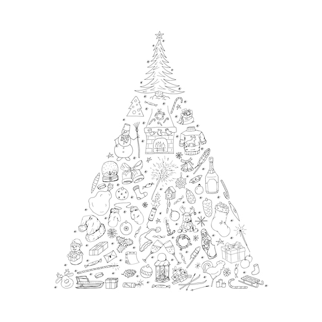 Set of Christmas hand drawn doodle elements forming a triangle form