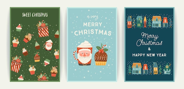 Set of Christmas and Happy New Year cards Cute bright illustrations witn New Year symbols Vector designs