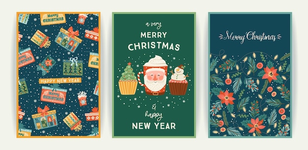 Set of Christmas and Happy New Year cards Cute bright illustrations witn New Year symbols Vector designs