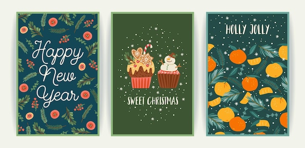 Set of Christmas and Happy New Year cards Cute bright illustrations witn New Year symbols Vector designs