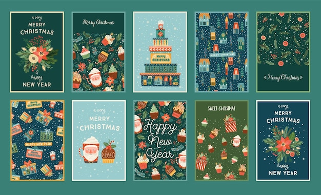 Vector set of christmas and happy new year cards cute bright illustrations witn new year symbols vector templates