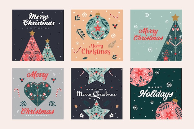 Set of Christmas and Happy New Year Floral Card templates. Christmas cards design with ornaments of branches, berries and leaves. Vector Illustration