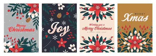 Set of Christmas and Happy New Year Floral Card templates in flat design style