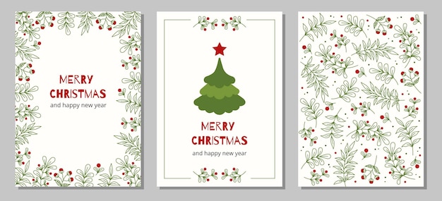 Set of christmas and happy new year greeting cards with Christmas tree and floral frames.