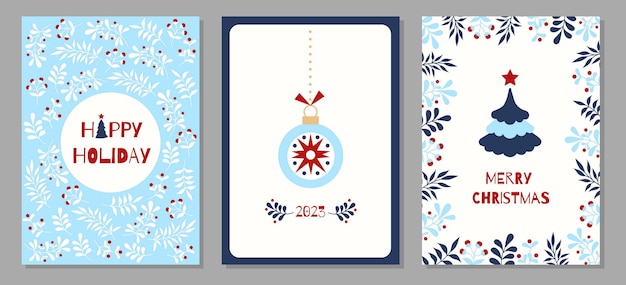 Set of christmas and happy new year greeting cards with Christmas tree and floral ornaments.