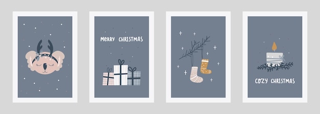 Set of Christmas and Happy New Year illustrations. Trendy hand drawn vector illustration for posters and greeting card. Vector design templates