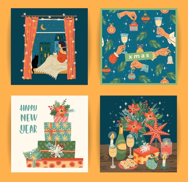 Set of Christmas and Happy New Year illustrations