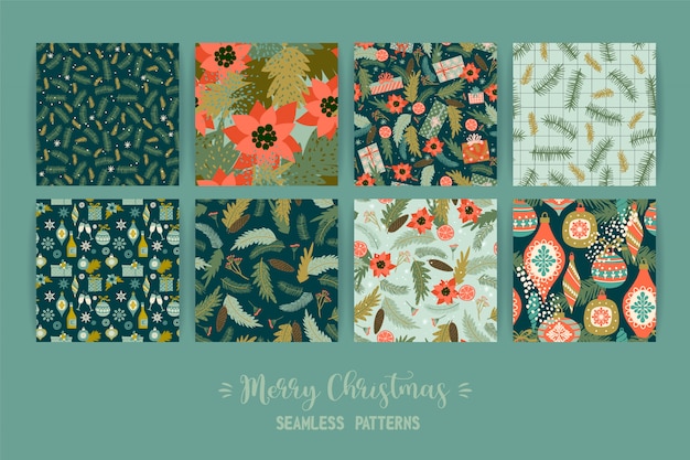 Set of Christmas and Happy New Year seamless patterns.