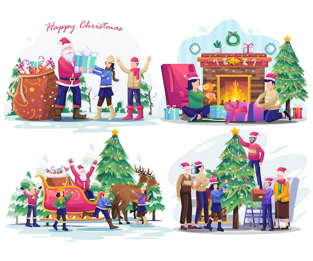 Set of Christmas illustration with people and family celebrate holiday Christmas and new year