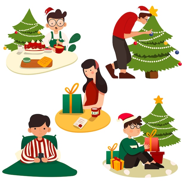 Set of Christmas illustrations. Trendy retro style.