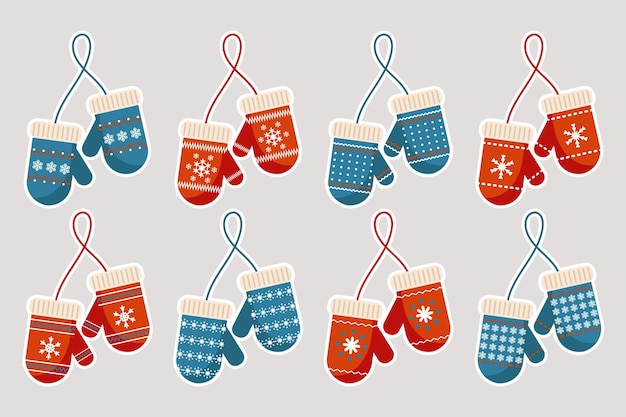 Set of Christmas mittens with ornaments, stickers. Decor elements, icons, vector