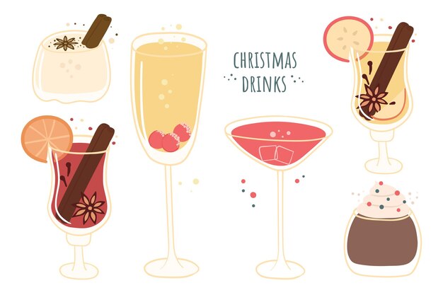 Vector set of christmas mugs and glasses with drinks