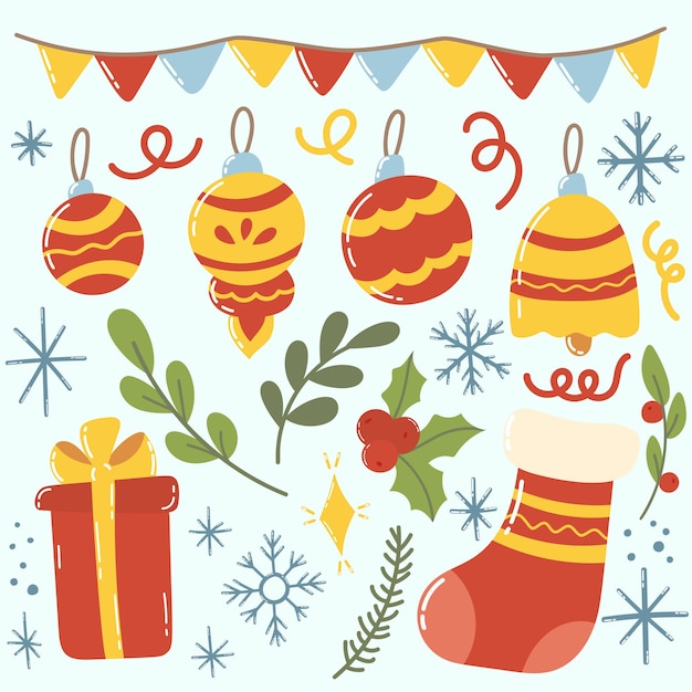 Set of Christmas or New Year decorative festive elements Cute cozy hand drawn vector clip art