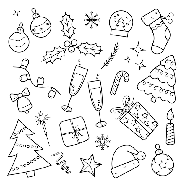 Set of Christmas and New Year design element in doodle style