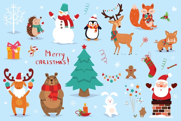 Set of Christmas and New Year elements with animals and Santa.